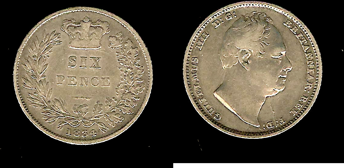 ROYAUME-UNI  6 pence Guillaume IV 1834 TB+ à TTB